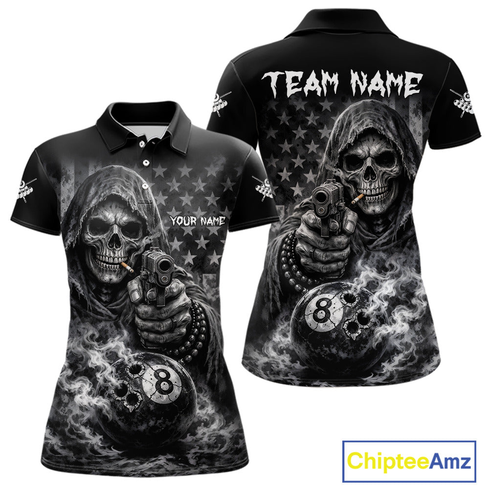 US Flag Grim Reaper 8 Ball Smoke Billiard Shirt For Women Custom Pool Jersey, Billiard Team Shirt TDM5611