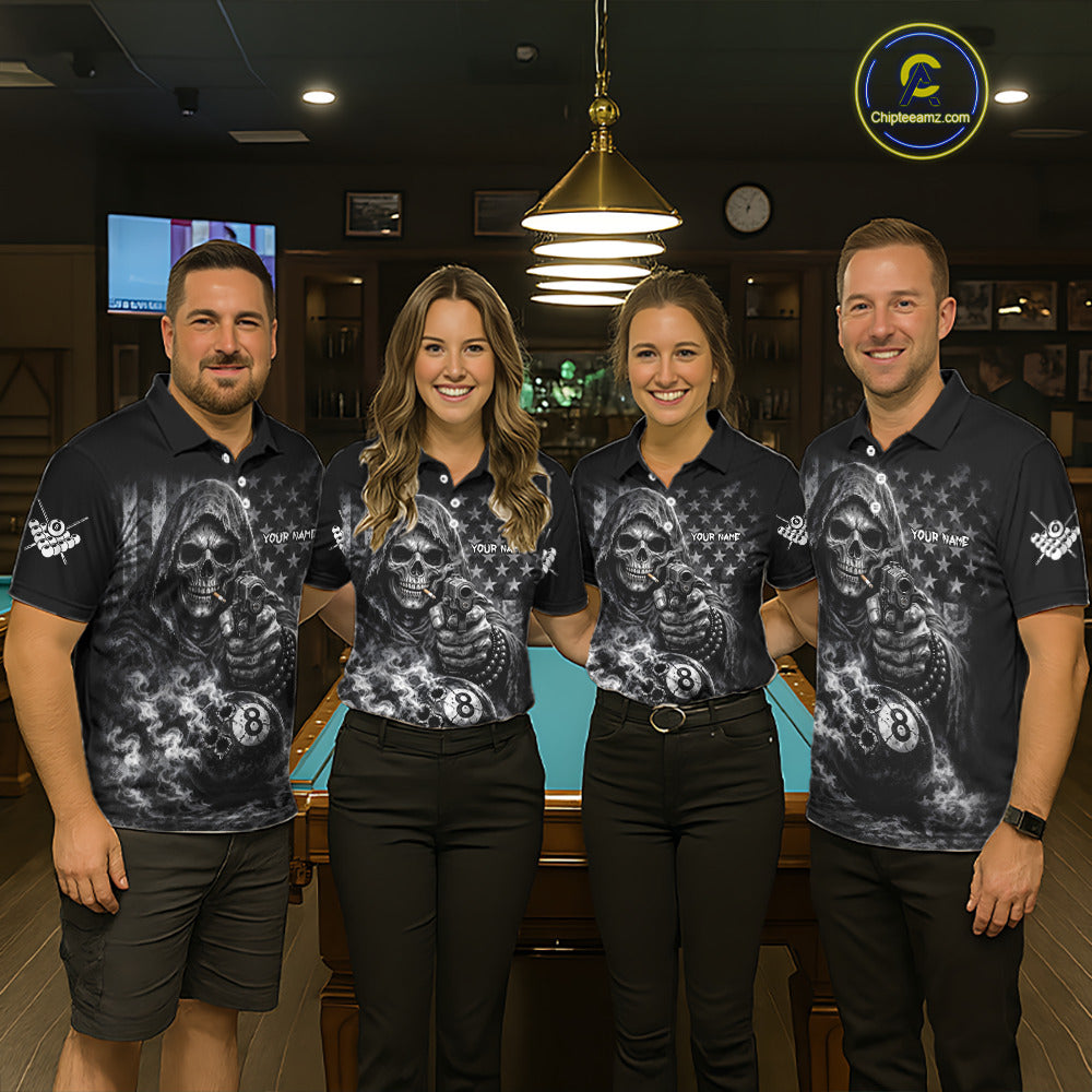 US Flag Grim Reaper 8 Ball Smoke Billiard Shirt For Men Custom Pool Jersey, Billiard Team Shirt TDM5611