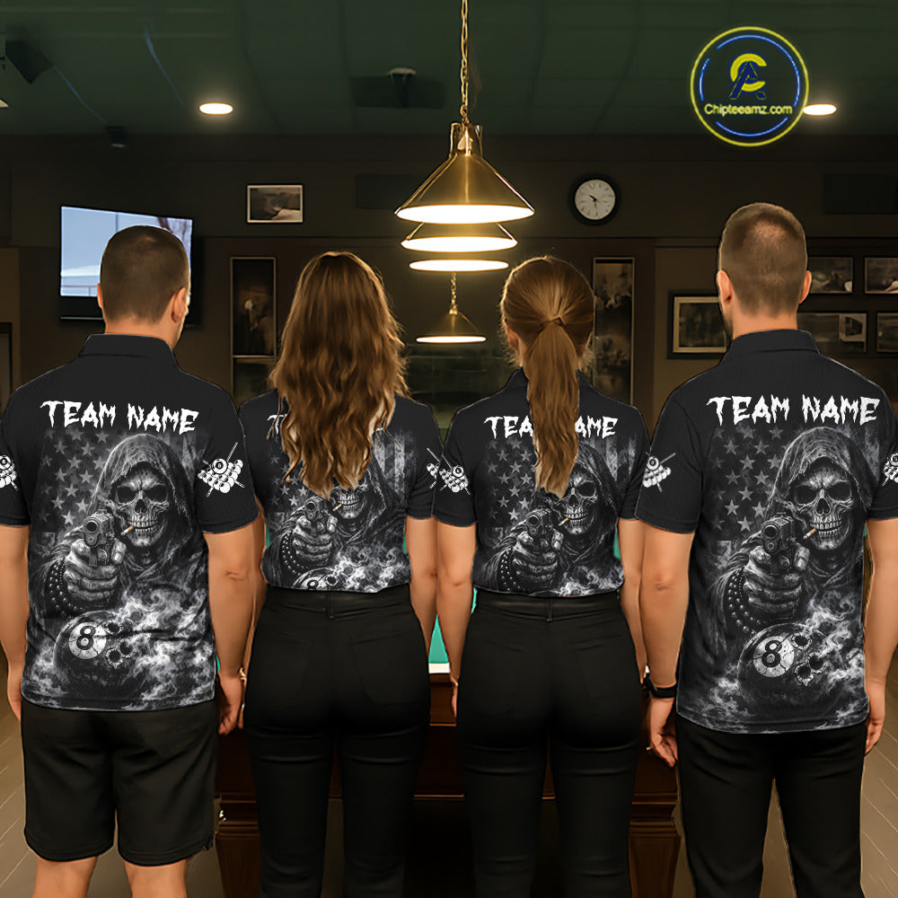 US Flag Grim Reaper 8 Ball Smoke Billiard Shirt For Men Custom Pool Jersey, Billiard Team Shirt TDM5611