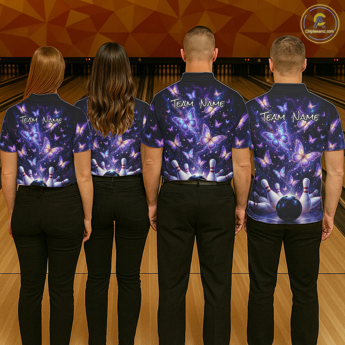 Custom Purple Butterfly Bowling Shirt For Men, Glowing Bowling Team Jersey Polo & 1/4 Zip TDM6225