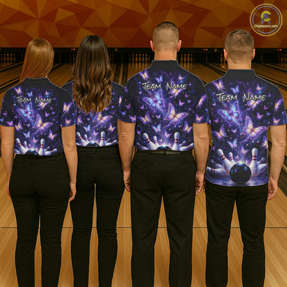 Custom Purple Butterfly Bowling Shirt For Men, Glowing Bowling Team Jersey Polo & 1/4 Zip TDM6225