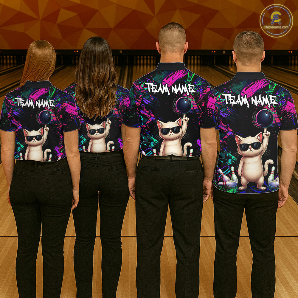 Custom Funny Cat Graffiti Bowling Shirt For Men, Personalized Bowling Team Jersey Polo & 1/4 Zip TDM6455