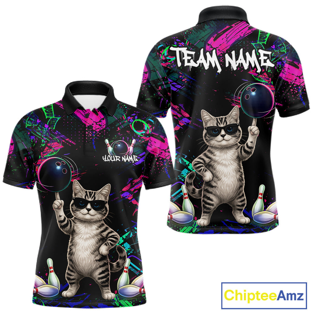 Personalized Funny Cat Graffiti Bowling Shirt For Men Custom Bowling Jersey Team Polo & 1/4 Zip TDM6456