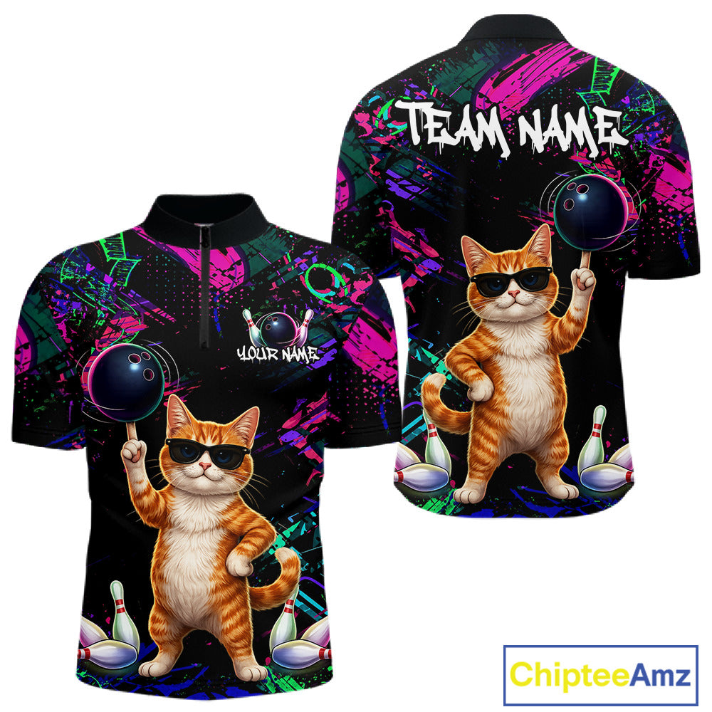 Personalized Funny Cat Graffiti Bowling Jersey For Men Custom Bowling Team Shirts Polo & 1/4 Zip TDM6457