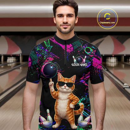 Personalized Funny Cat Graffiti Bowling Jersey For Men Custom Bowling Team Shirts Polo & 1/4 Zip TDM6457