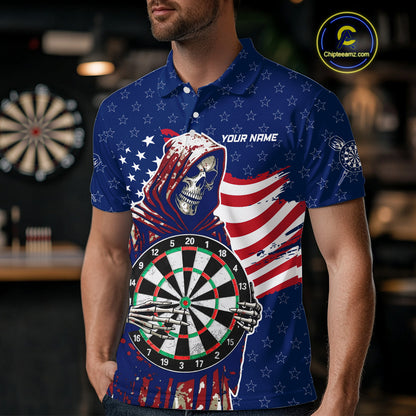 American Flag Grim Reaper Darts Shirt For Men Custom Patriotic Darts Jersey Team Polo & 1/4 Zip TDM5148