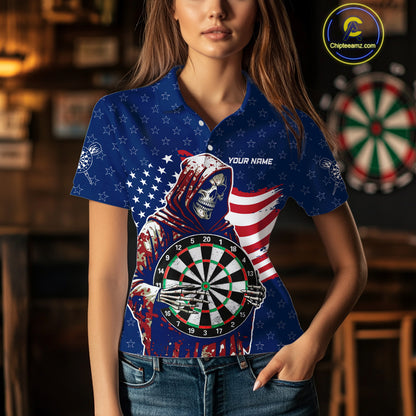 American Flag Grim Reaper Darts Shirt For Women Custom Patriotic Darts Jersey Team Polo & 1/4 Zip TDM5148