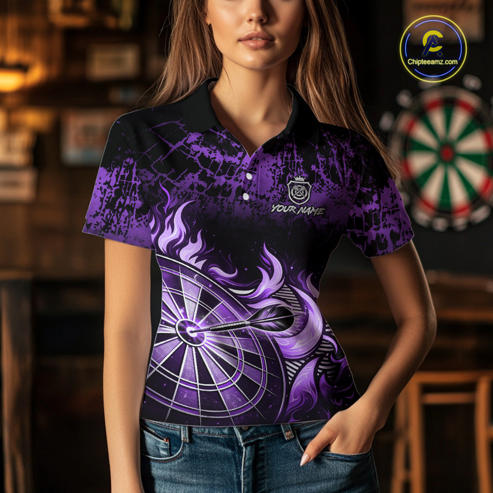 Black And Purple Dartboard Tribal Flame Darts Polo & 1/4 Zip For Women Custom Darts Team Jersey TDM6014