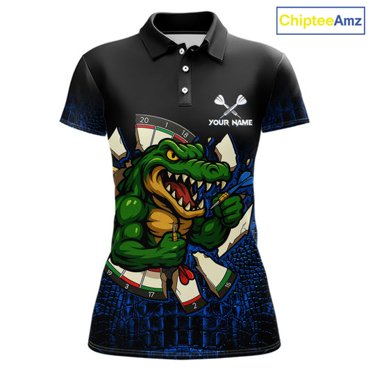 Black and Blue Funny Alligator Darts Polo Shirt for Women Featuring a Fun Alligator Design for Dart League Players, Team Competition, and Tournament Events