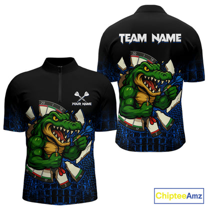 Black and Blue Funny Alligator Quarter Zip Darts Shirt for Men Created for Competitive Dart League Teams with Performance Fabric and Tournament Ready Team Design