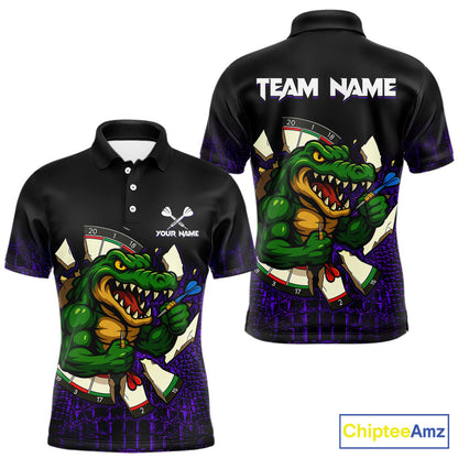 Custom Black and Purple Funny Alligator Darts Polo Shirt for Men Designed for Personalized Darts Team Jerseys with Premium Athletic Performance and Fun Character Artwork