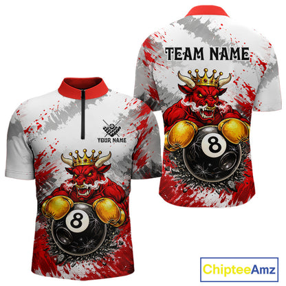 Red And White Grunge Bull 8 Ball Billiard Shirt For Men Custom Pool Team Jersey Polo & 1/4 Zip TDM5647
