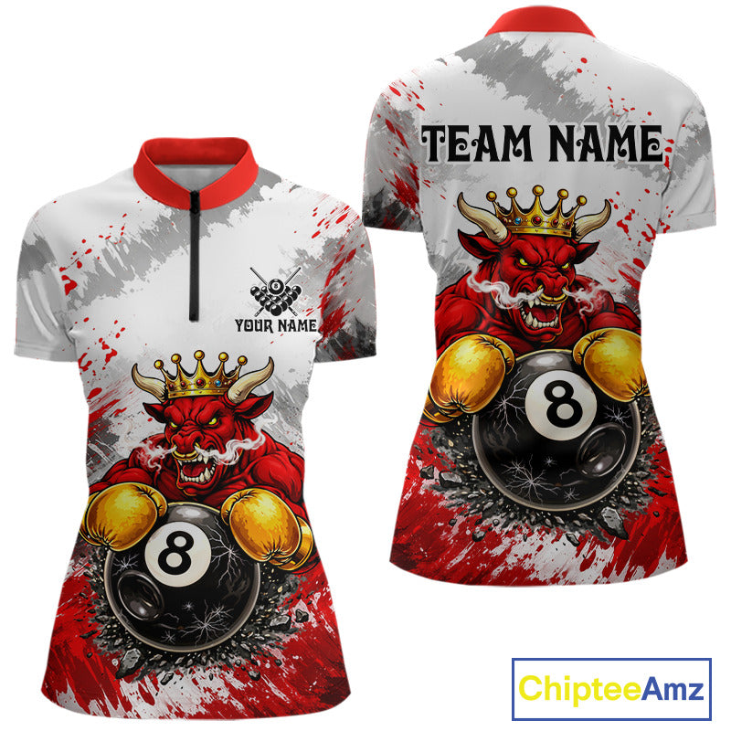 Red And White Grunge Bull 8 Ball Billiard Shirt For Women Custom Pool Team Jersey Polo & 1/4 Zip TDM5647