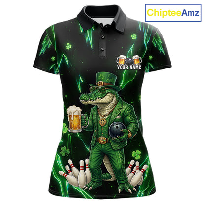 Custom Green St Patricks Alligator Bowling Shirt For Women, Lucky Bowling Team Jersey Polo & 1/4 Zip TDM6266