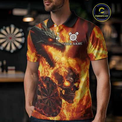 Personalized Orange Flaming Dragon And Skull Darts Shirt For Men Custom 3D Fire Darts Team Jersey TDM4958