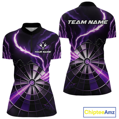 Personalized Purple Lightning Womens Dart Shirts Custom Glowing Darts Team Jersey Polo & 1/4 Zip TDM5159