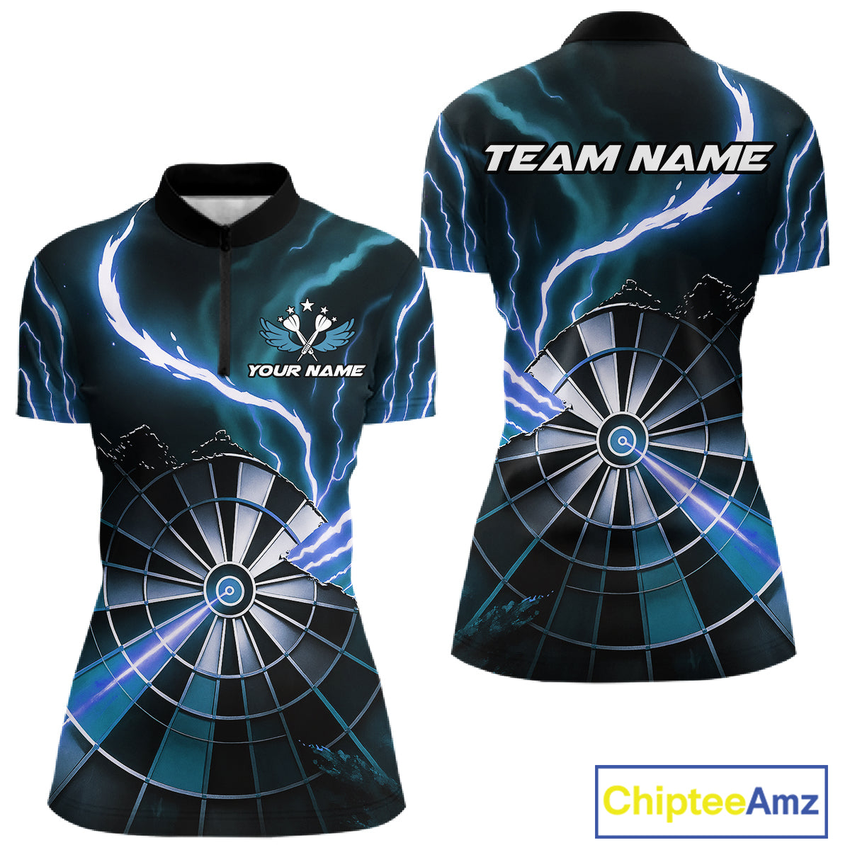 Personalized Blue Lightning Womens Dart Shirts Custom Glowing Darts Team Jersey Polo & 1/4 Zip TDM5161