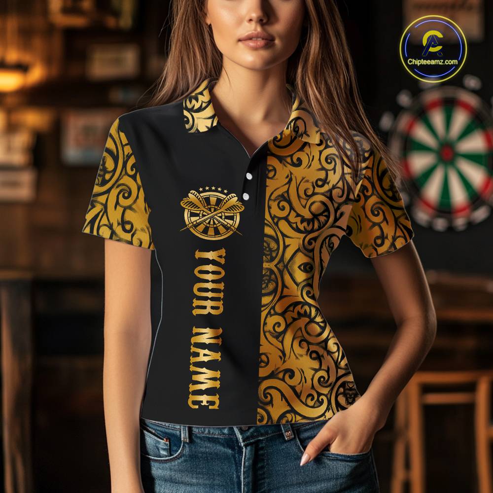 Black And Gold Custom Tribal Darts Shirt For Women, Personalized Darts Jersey Team Polo & Quarter Zip TDM5392