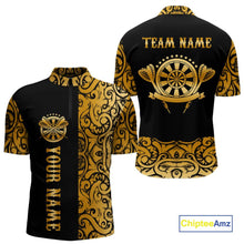 Load image into Gallery viewer, Black And Gold Custom Tribal Darts Shirt For Men, Personalized Darts Jersey Team Polo &amp; Quarter Zip TDM5392