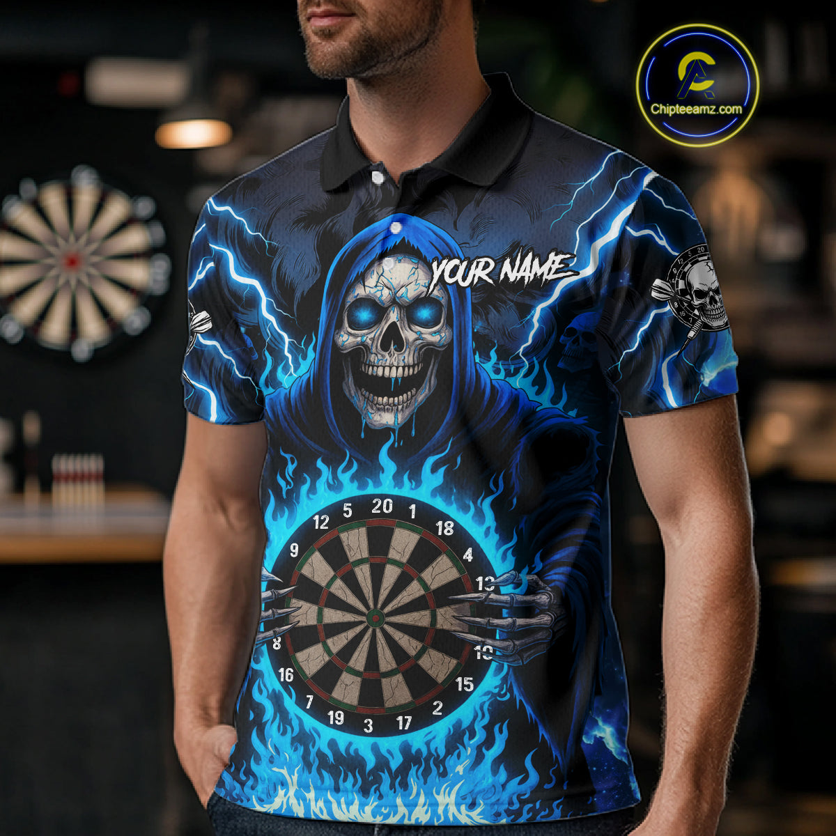 Blue Grim Reaper Thunder Lightning Mens Dart Shirts Custom Flame Dart Jerseys Team Polo & 1/4 Zip TDM5174