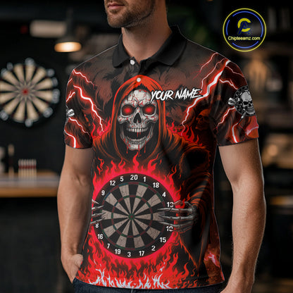 Red Grim Reaper Thunder Lightning Mens Dart Shirts Custom Flame Dart Jerseys Team Polo & 1/4 Zip TDM5175