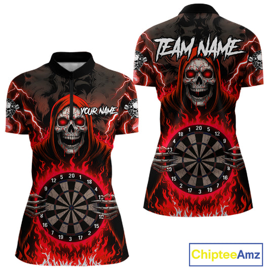 Red Grim Reaper Thunder Lightning Womens Dart Shirts Custom Flame Dart Jerseys Team Polo & 1/4 Zip TDM5175