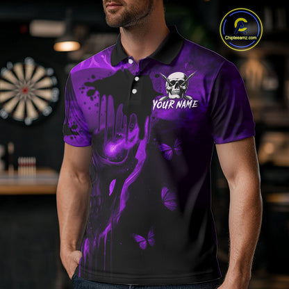 Black And Purple Grunge Skull Butterflies Darts Shirt For Men Custom Dart Jersey Polo & 1/4 Zip TDM4994