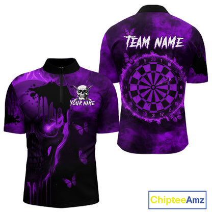 Black And Purple Grunge Skull Butterflies Darts Shirt For Men Custom Dart Jersey Polo & 1/4 Zip TDM4994
