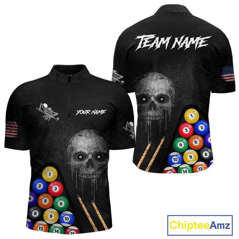 Personalized Grunge Skull Billiard Shirt For Men Custom Pool Team Jersey Polo & 1/4 Zip TDM5920