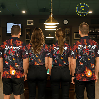 Orange Flaming Grim Reaper Billiard Shirt For Women Custom Fire Pool Team Jersey Polo & Quarter Zip TDM6077