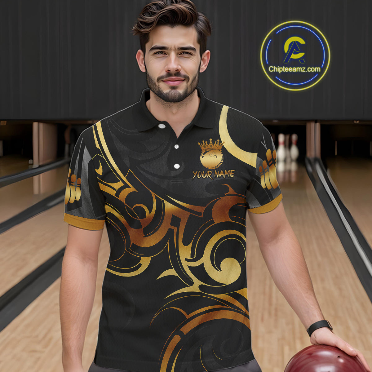 Black And Gold Custom Crown Tribal Bowling Shirt For Men, Bowling Team Jersey Polo & 1/4 Zip TDM6086