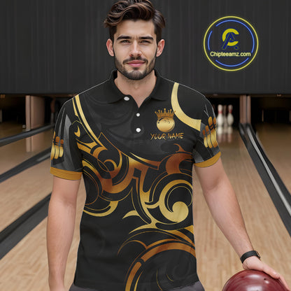 Black And Gold Custom Crown Tribal Bowling Shirt For Men, Bowling Team Jersey Polo & 1/4 Zip TDM6086