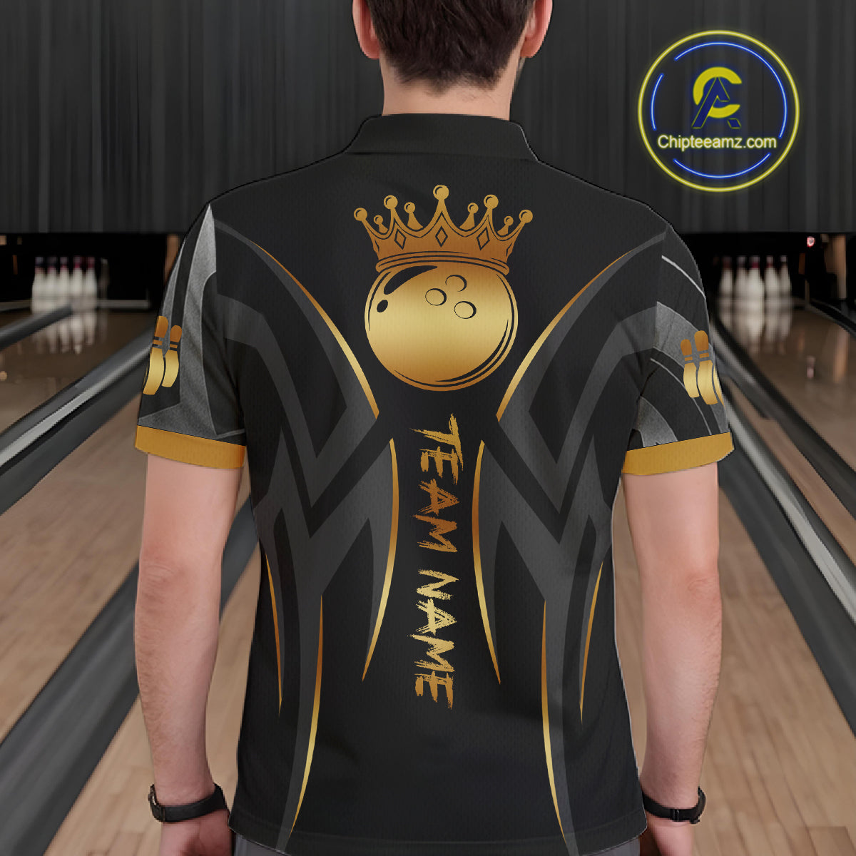 Black And Gold Custom Crown Tribal Bowling Shirt For Men, Bowling Team Jersey Polo & 1/4 Zip TDM6086