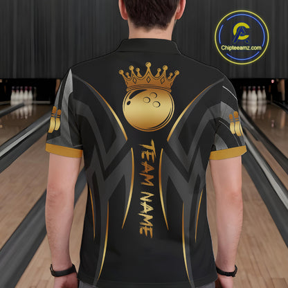 Black And Gold Custom Crown Tribal Bowling Shirt For Men, Bowling Team Jersey Polo & 1/4 Zip TDM6086