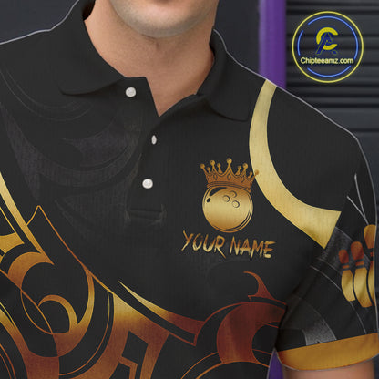 Black And Gold Custom Crown Tribal Bowling Shirt For Men, Bowling Team Jersey Polo & 1/4 Zip TDM6086