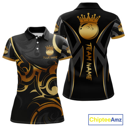 Black And Gold Custom Crown Tribal Bowling Shirt For Women, Bowling Team Jersey Polo & 1/4 Zip TDM6086