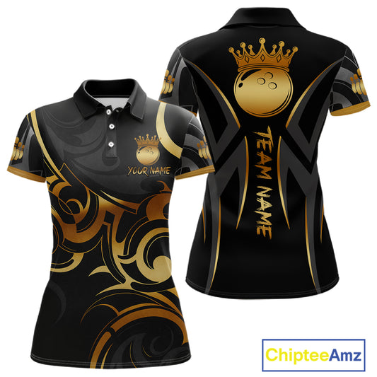Black And Gold Custom Crown Tribal Bowling Shirt For Women, Bowling Team Jersey Polo & 1/4 Zip TDM6086