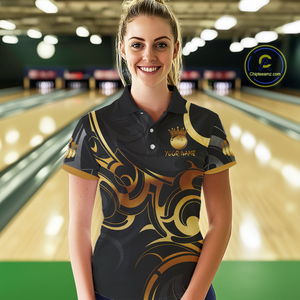 Black And Gold Custom Crown Tribal Bowling Shirt For Women, Bowling Team Jersey Polo & 1/4 Zip TDM6086