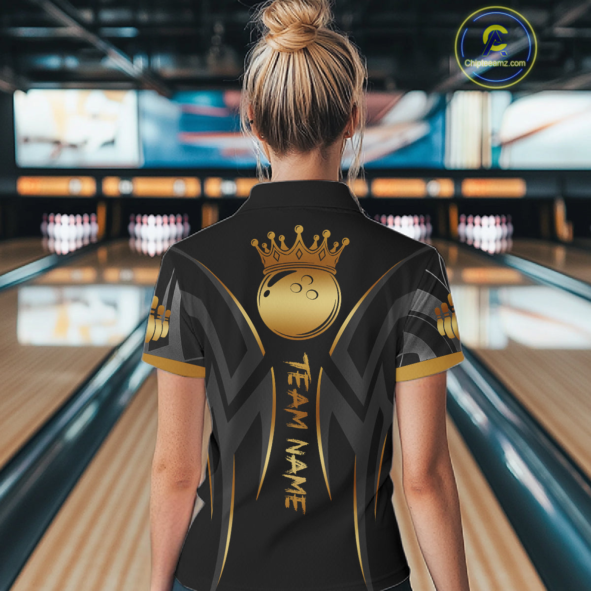 Black And Gold Custom Crown Tribal Bowling Shirt For Women, Bowling Team Jersey Polo & 1/4 Zip TDM6086