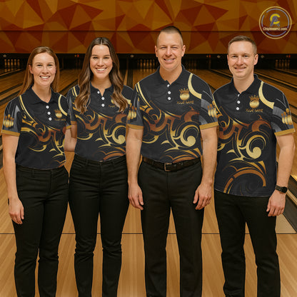 Black And Gold Custom Crown Tribal Bowling Shirt For Men, Bowling Team Jersey Polo & 1/4 Zip TDM6086