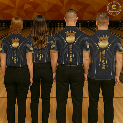 Black And Gold Custom Crown Tribal Bowling Shirt For Men, Bowling Team Jersey Polo & 1/4 Zip TDM6086