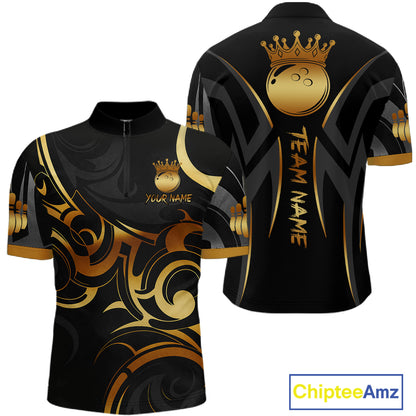 Black And Gold Custom Crown Tribal Bowling Shirt For Men, Bowling Team Jersey Polo & 1/4 Zip TDM6086