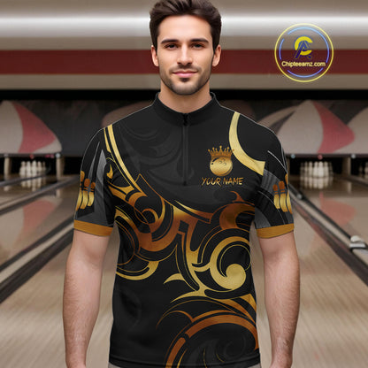 Black And Gold Custom Crown Tribal Bowling Shirt For Men, Bowling Team Jersey Polo & 1/4 Zip TDM6086