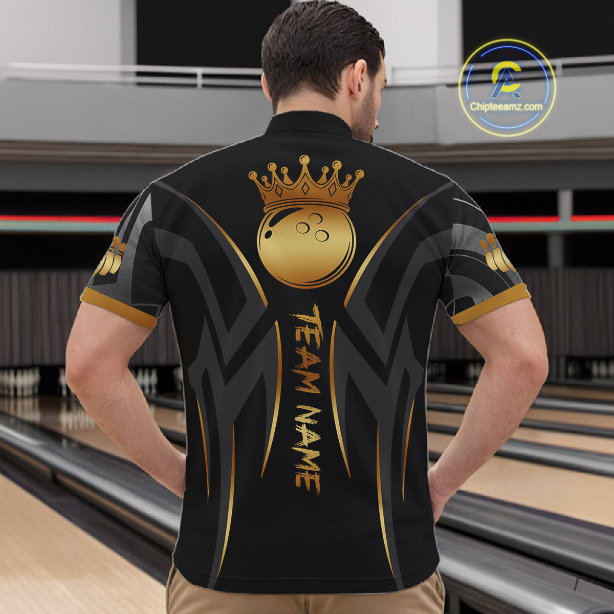 Black And Gold Custom Crown Tribal Bowling Shirt For Men, Bowling Team Jersey Polo & 1/4 Zip TDM6086