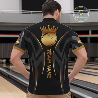 Black And Gold Custom Crown Tribal Bowling Shirt For Men, Bowling Team Jersey Polo & 1/4 Zip TDM6086