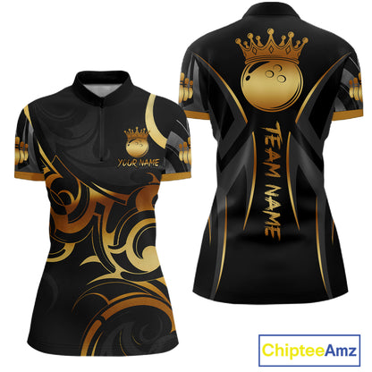 Black And Gold Custom Crown Tribal Bowling Shirt For Women, Bowling Team Jersey Polo & 1/4 Zip TDM6086