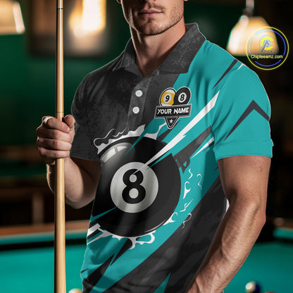 Black And Turquoise 8 Ball & 9 Ball Billiard Shirt For Men Custom Pool Jersey, Billiard Team Shirt TDM5021