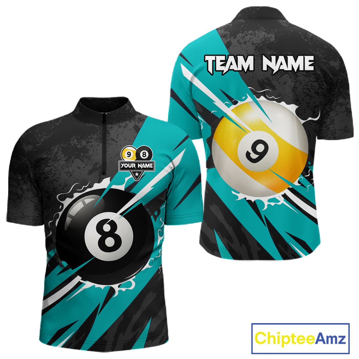 Black And Turquoise 8 Ball & 9 Ball Billiard Shirt For Men Custom Pool Jersey, Billiard Team Shirt TDM5021