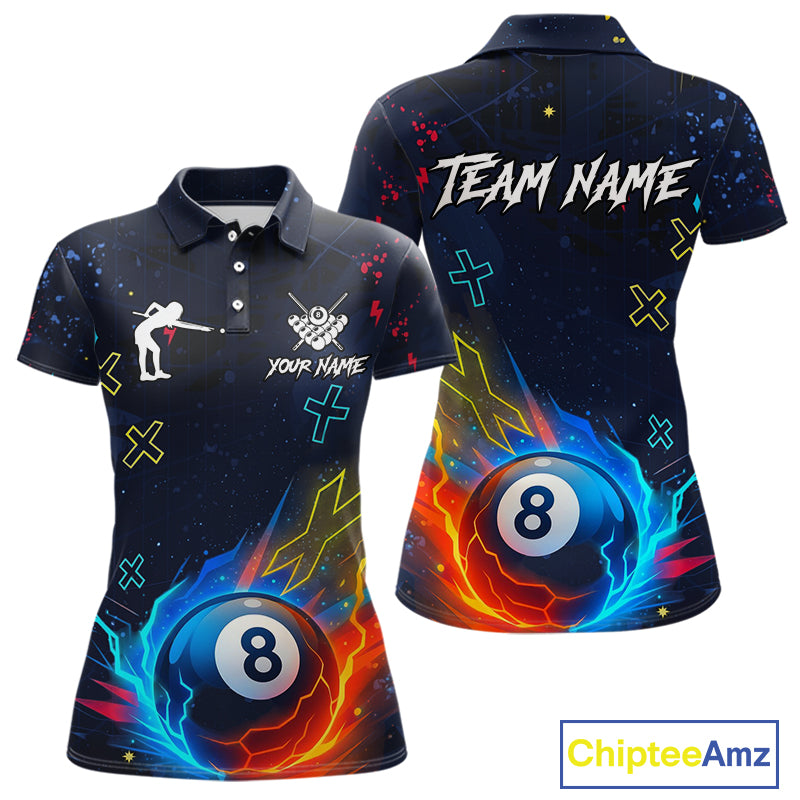Funny Neon 8 Ball Billiard Shirt For Women Custom Navy Blue Pool Team Shirt Polo & 1/4 Zip TDM5491