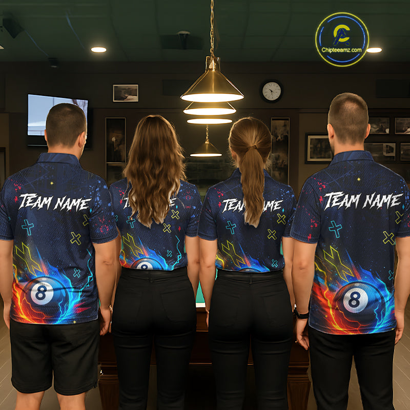 Funny Neon 8 Ball Billiard Shirt For Men Custom Navy Blue Pool Team Shirt Polo & 1/4 Zip TDM5491